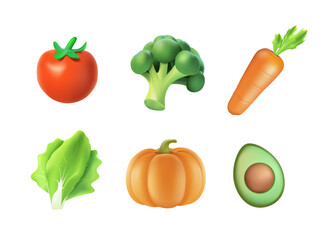 Collection of colorful 3D cartoon fresh delicious vegetables isolated on white background. Bundle of healthy and tasty