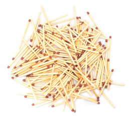 matches - top view of a pile of scattered safety matches isolated on white