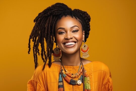 Happy African Woman With Dreadlocks In Studio