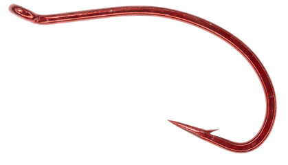 Macro close-up of a single bright red fishing hook showing the sharp points and barbs.  On a clean...
