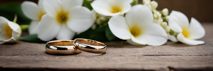 Obraz na płótnie Canvas Two gold wedding bands sit among a bouquet of white flowers on a wooden table in a rustic setting, representing intimacy and a special moment in a couple's lives