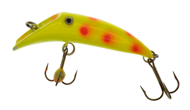 Macro image of a bright yellow fishing lure that has orange spots a silver / black “eye”. The lure has two treble hooks.  On a clean background.

