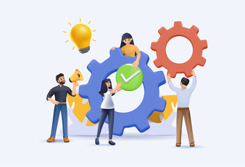 Vector creative illustration of business graphic, company is engaged in joint construction of column graphs 3D, rise career to success, abstract head of person filled with ideas thoughts vector