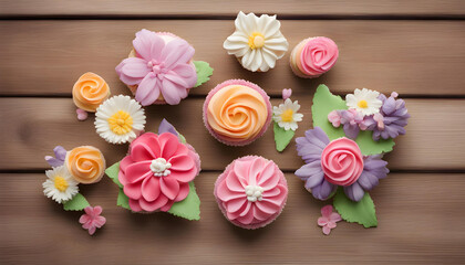 Flowers cupcakes in the wooden background.