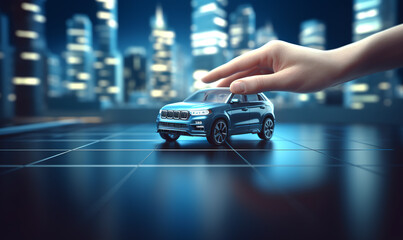 Human hand points to a car. Concept - car insurance, mechanical, leasing, purchase new and used cars - obrazy, fototapety, plakaty