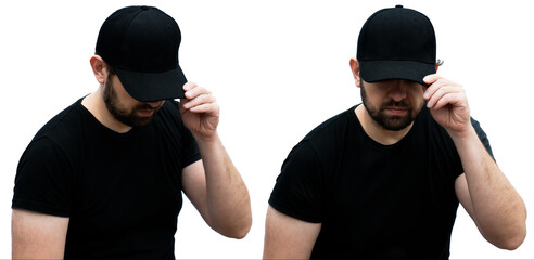 Man with a black t-shirt and cap, with space to put logos or brands. Mock up template for a cap...