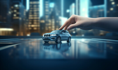 Human hand points to a car. Concept - car insurance, mechanical, leasing, purchase new and used cars - obrazy, fototapety, plakaty