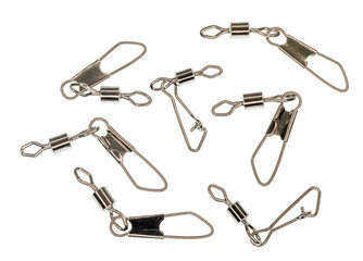 Macro image of various silver colored fishing snap swivels. On a clean background.
