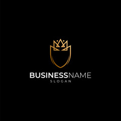 shield line art logo design with crown combination in luxury line art design style