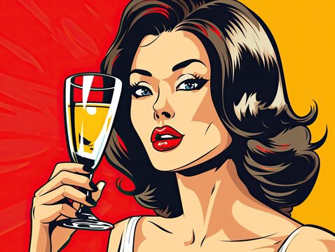 asian girl drinking champagne in the pop art style