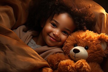 A 4-year-old African American girl in her pajamas, cuddled up with a teddy bear, listening to a bedtime story. 