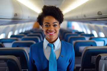 African American woman working as flight attendant Female airplane stewardess interior of passenger plane