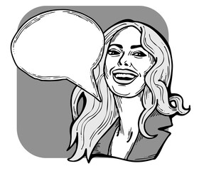 Beautiful young woman talk. Empty speech bubble for sale promotion, text background, quotes. Hand drawn illustration, cartoon comic style.