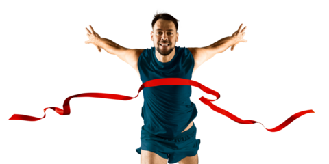 The runner wins by crossing the finish line ribbon on a white background