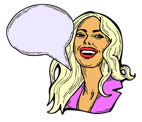 Beautiful young woman talk. Empty speech bubble for sale promotion, text background, quotes. Hand drawn illustration, cartoon comic style.