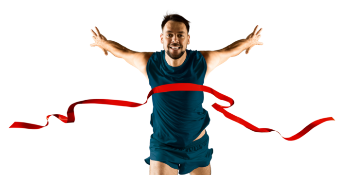 The runner wins by crossing the finish line ribbon on a white background