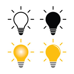 set lightbulb icon, idea sign, Inovation, solution, creative thinking, lamp, light, with outline, flat and color style trendy design vector template ilullstration. EPS10