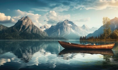 Small wooden boat on the surface of the beautiful lake in amazing mountain landscape