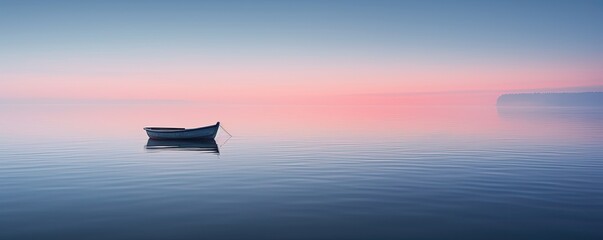 Solitary boat on great foggy lake, long exposure.
