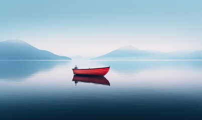 Solitary boat on great foggy lake, long exposure. - obrazy, fototapety, plakaty
