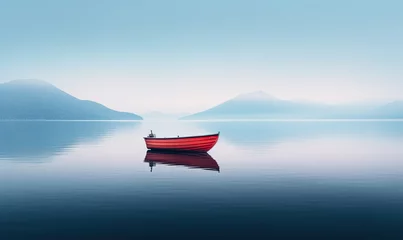 Foto op Plexiglas Solitary boat on great foggy lake, long exposure. © Filip