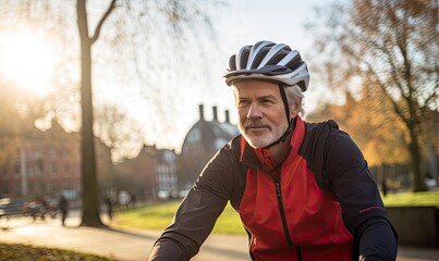 Portrait photography of a happy man cyclist riding a bicycle and wearing cycling helmet in the city park background.