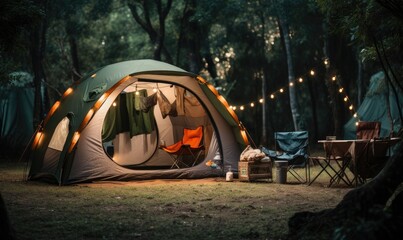 A tent in the middle of the beautiful forest. Camping theme.