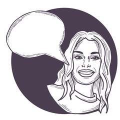 Beautiful young woman talk. Empty speech bubble for sale promotion, text background, quotes. Hand drawn illustration, cartoon comic style.