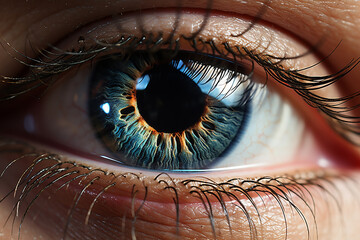 Close up of eye iris, macro, photography.
