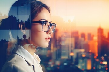 woman, glasses, business, person, people, sunset, city - obrazy, fototapety, plakaty