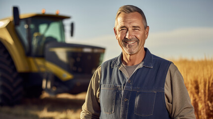 Agriculturist Portrait of Happy farmer standing near a tractor or a combine harvester in corn field agriculture - Powered by Adobe