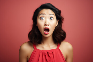A charming Asian woman with a surprised expression has an unexpected expression of surprise on her face against a lively studio background. - obrazy, fototapety, plakaty