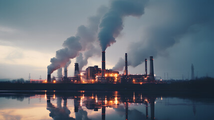 Large industrial plants emit toxic fumes causing air pollution, PM 2.5 dust, and global warming.
