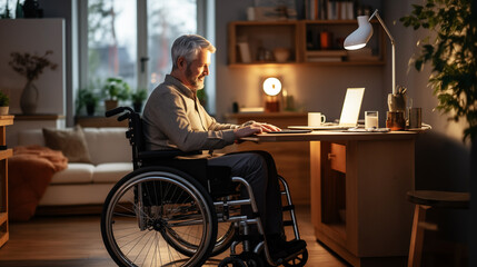 Disabled senior man on wheelchair customer support manager talking at virtual meeting consulting client on video call at home office