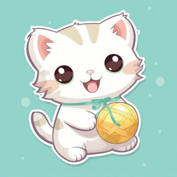 Sticker with die-cut in the form of a kitty playing with a ball of string, kawaii color background