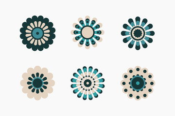 Camomile flower emblem. Set of 6 geometric shape. Modern linear design emblem.  Modern abstract linear compositions and graphic design elements for pattern and package design.