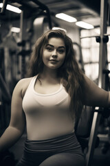 Fototapeta na wymiar Happy fat woman wearing sports clothes exercising in the gym. Smiling beautiful fat woman training in the gym Healthy Life Coaching, Calories, Health Care, Diet and Weight Loss