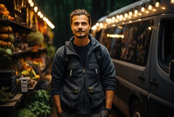 A stylish man stands confidently in front of his van at a bustling street market, his jacket adding to his charismatic presence as he surveys the outdoor scene with a determined expression on his hum - Powered by Adobe