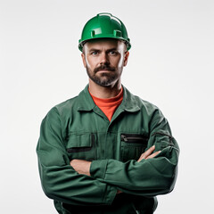 russian builder looking at camera green uniform