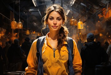 A fashionable woman stands confidently on the street in her yellow shirt, her jacket adding a touch of warmth to the indoor setting as she exudes a sense of style and confidence