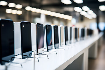 Various different mobile phones displayed inside modern electronics store - obrazy, fototapety, plakaty