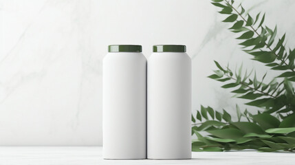 Luxurious Cosmetic Bottle Containers with Fresh Green Herbal Leaves - Organic Skincare and Beauty Product Concept for Spa and Wellness Treatments in a Sustainable Packaging Design.