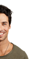 Fototapeta premium Smile, half face and portrait of man in a studio with positive, good and confident attitude. Happy, mockup space and handsome young male person from Australia with style isolated by white background.