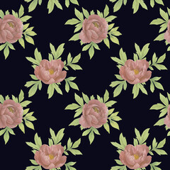 Seamless floral pattern with peony flowers and green leaves on a dark background, watercolor. Design of templates for interior, clothing, wallpaper, textiles.