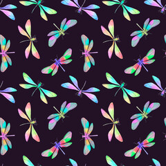 multi-colored dragonflies drawn in watercolors in digital processing, seamless pattern on a dark background for the design of wrapping paper, wallpaper, textiles
