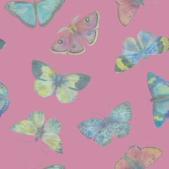 watercolor seamless pattern, colorful butterflies hand drawn illustration on red background