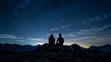 Starlit mountain gaze, couple under the cosmos, clear night sky, Milky Way backdrop