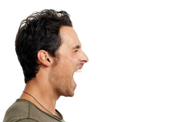 Profile, anger and screaming with man, stress and expression isolated on white studio background....