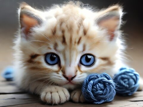 gato de ojos azules con ovillos de lana azules