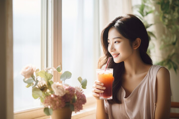 Young healthy Asian woman enjoying a fresh fruit smoothie at home. Radiates happiness and vitality